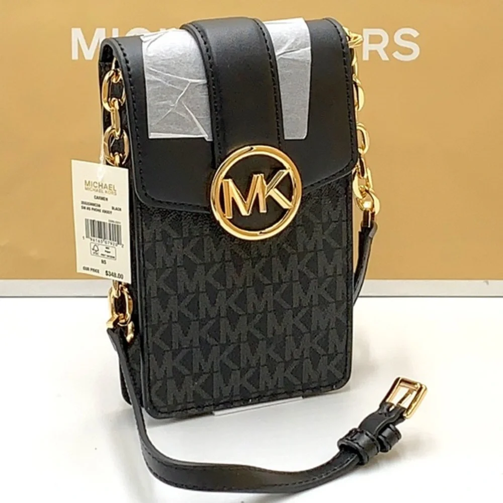 NWT MICHAEL KORS CARMEN SMALL NORTH SOUTH PHONE XBODY BLACK SIGNATURE MULTI COLO